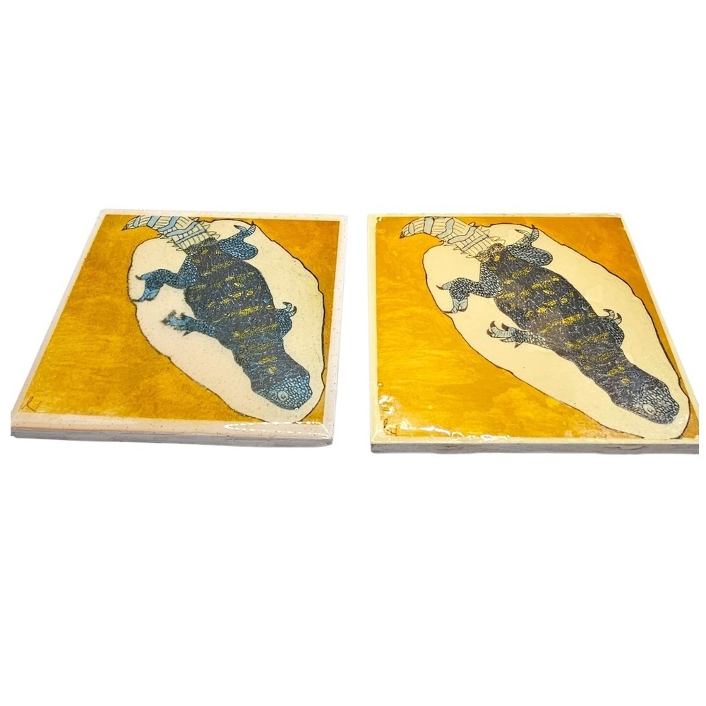 VTG Southwest Lizard Tiles By Hermosa Tile 4.25" Hand Decorated Ceramic Set of 2